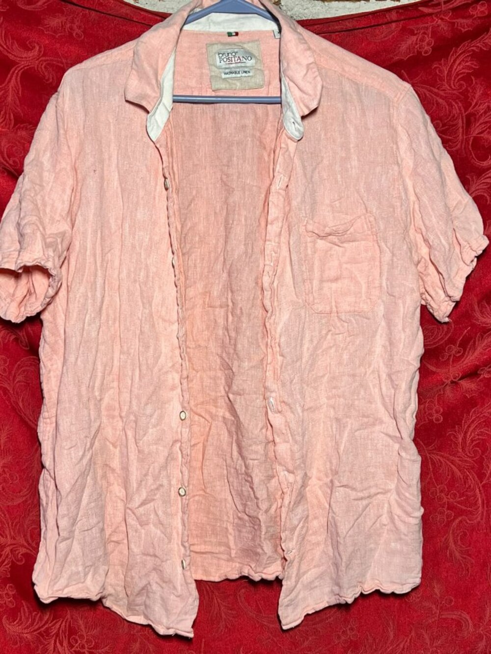 Bruno Positano Men's Short Sleeve Button-Down Shirt Peach Washable Linen Size XL